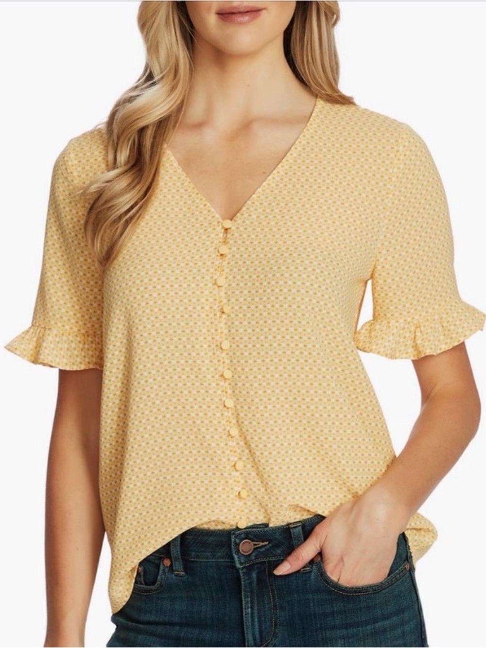 CeCe Yellow Printed V-Neck Button Front Blouse